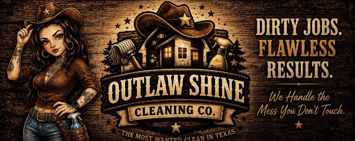 Outlaw Shine Cleaning Co. Western artwork with a cowgirl, cowboy hat and cleaning supplies